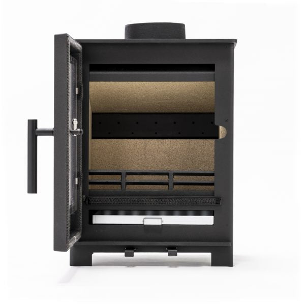 This durable steel bodied stove features a cast iron door and a log retaining bar that is both functional and enhances the overall appearance, especially when lit.