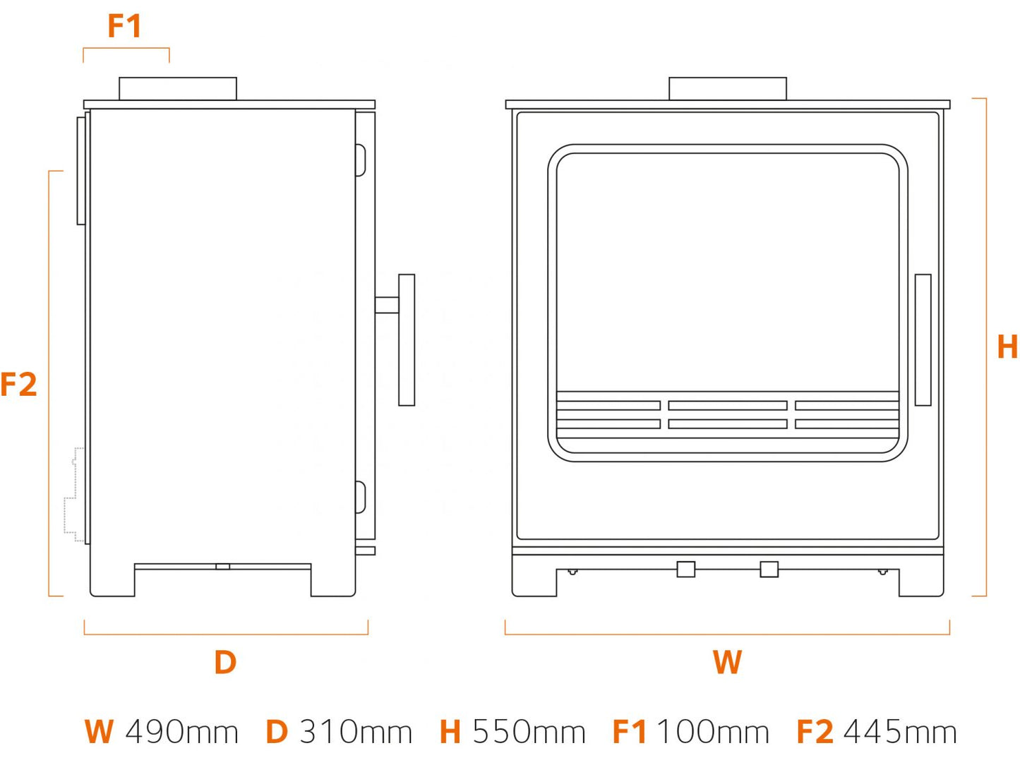 Dimensions and specifications for the Buddy 5 Wide multifuel stove.