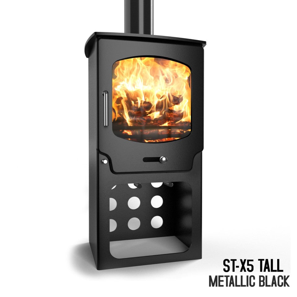 ST-X5 multifuel stove in metalic black with stylish chrome handle and controls.