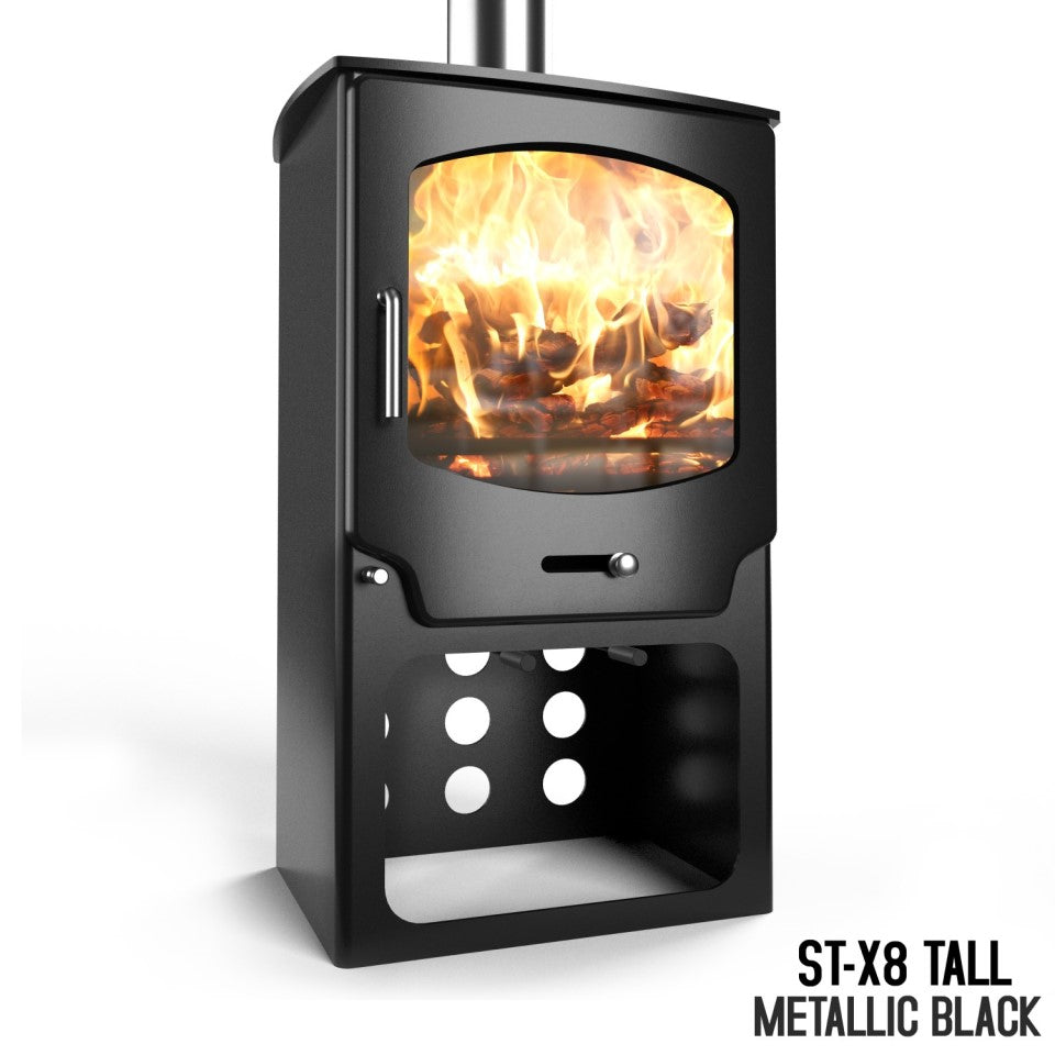 The ST-X5 mettallic black multifuel stove with stylish chrome handle.