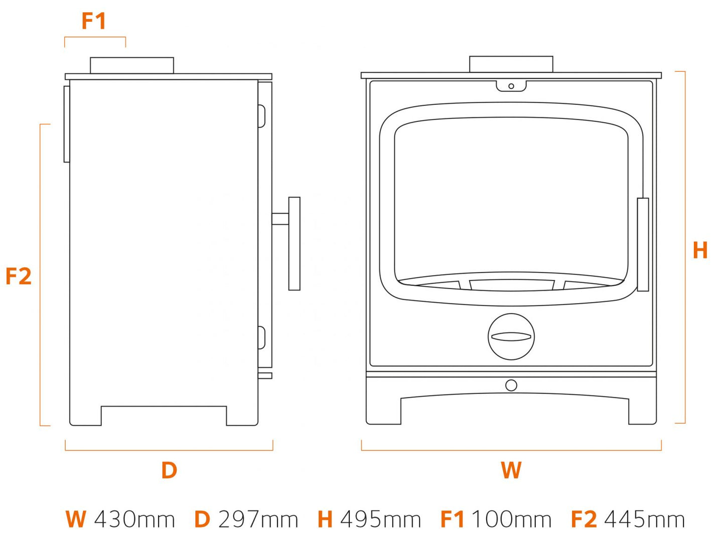 Dimensions and specifications for the Stubby 5 Multifuel stove