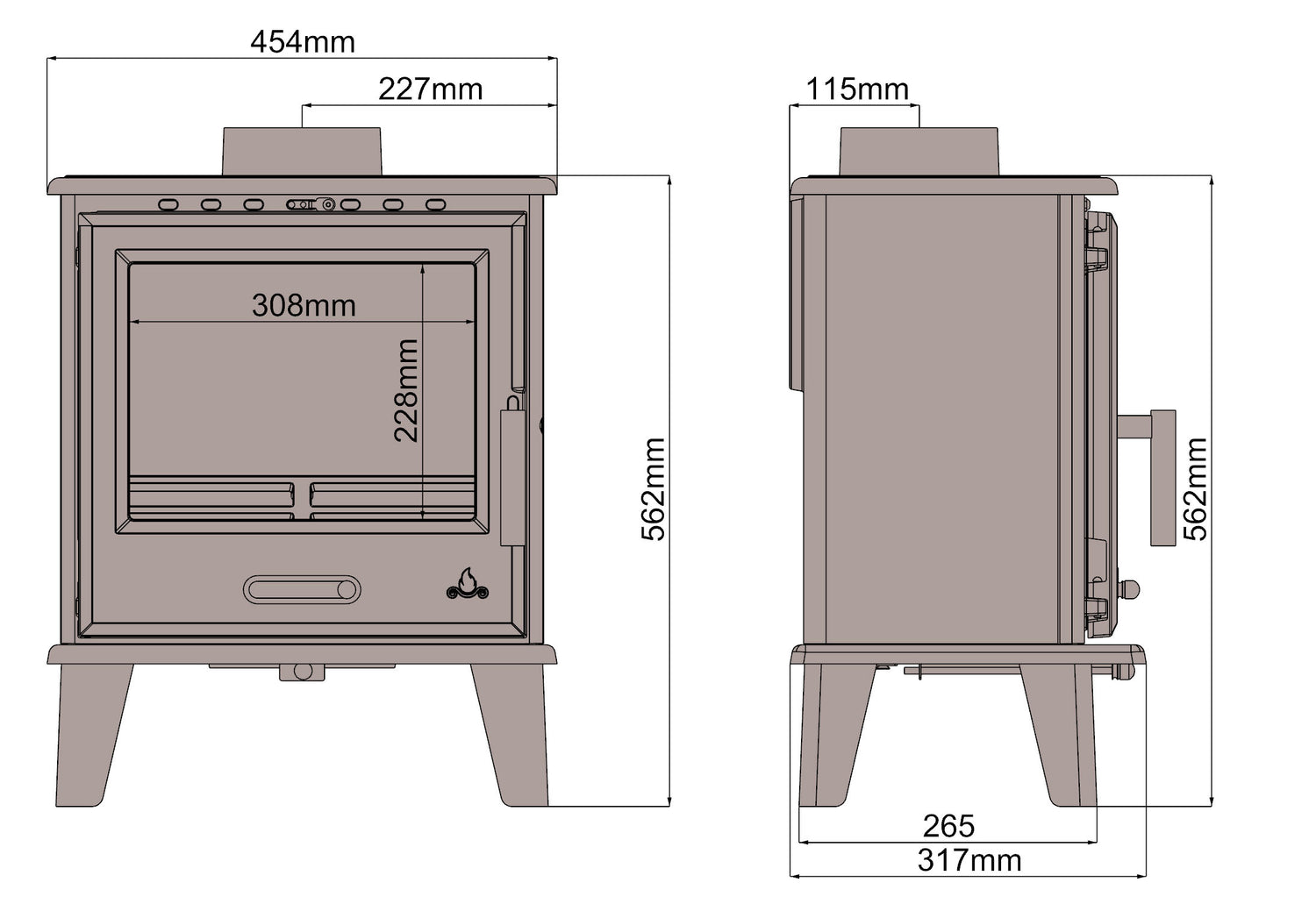 Dimensions and specifications for the Saltfire classic multifuel stove