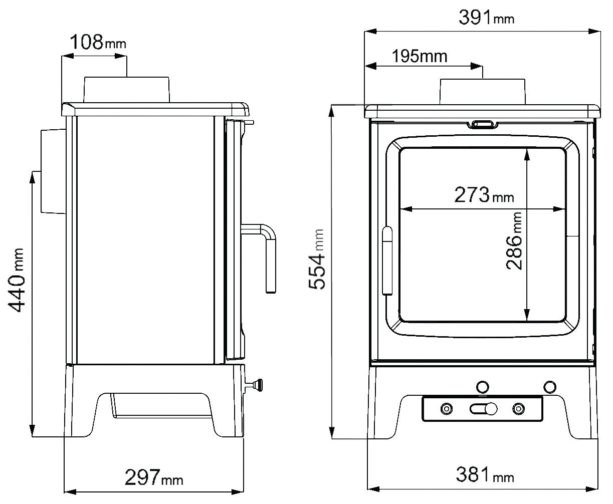 Dimensions and specifications for Saltfire  Peanut 5 woodburning stove.