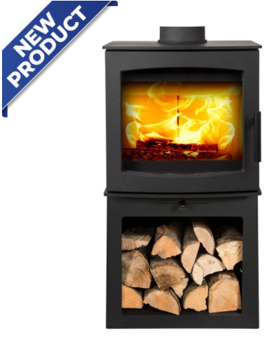 Small Tinderbox wood burning stove on Log Box, 5kW, ECODesign